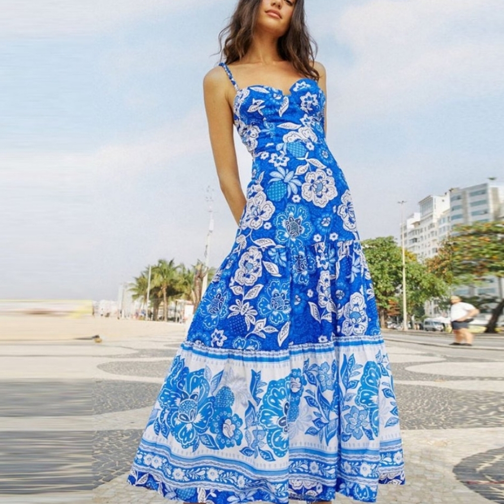 Farm Rio Full of Flowers Blue Midi Dress